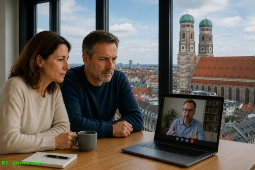 Paar sitzt zu Hause am Laptop in der Online-Paartherapie